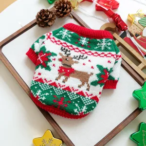 Cute Christmas pet sweater for small dogs, knitted reindeer snowflake winter warm apparel.