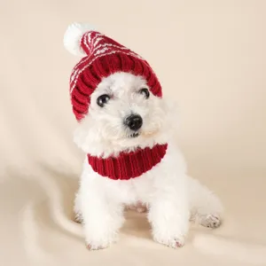 Joli ensemble bonnet et écharpe tricotés rouges et blancs, accessoire d'hiver pour animaux.