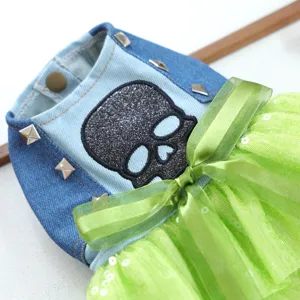 Pet denim tutu dress detail shot, sparkly skull motif and metal studs, small dog party outfit