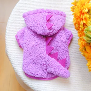 Cute purple dinosaur pet fleece hoodie, warm winter costume designed for small dogs and puppies.