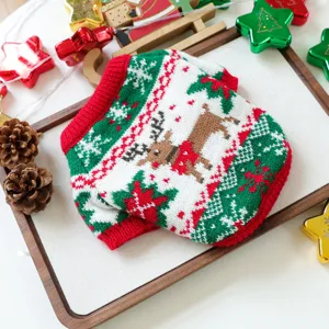 Cozy knit Christmas pet sweater for small dogs with cute reindeer and snowflake patterns.
