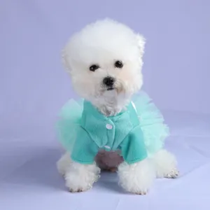 Primo piano dettagliato del grazioso abito da principessa per animali con tulle e bottoni.