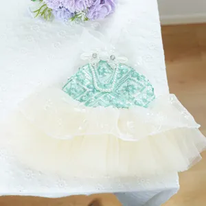 Abito da festa verde menta per animali con pizzo, paillettes e perle per piccoli cani.