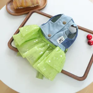 Pet dog denim dress green sequin tutu skirt cute puppy party apparel cute pet costume outfit