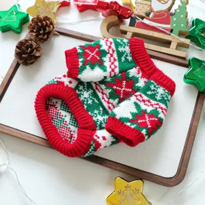 Cozy Christmas pet sweater for small dogs and puppies, festive red green snowflake knit design.
