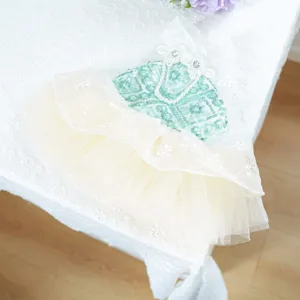 Grazioso vestito per cuccioli verde menta con perle e pizzo per stile festa e dettagli foto animali.