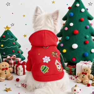 Pet Christmas Reindeer Tree Embroidered Hoodie Red Warm Fleece Sweatshirt For Small Dogs Cats Holiday Party Pet Clothing