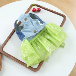 Cute denim and green sequin mesh pet puppy dress for party styling and daily wear.