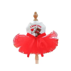 Hunde Kleid süßer roter Tüllrock mit Amor Bär Stickerei für kleine Welpen Party Kleidung.