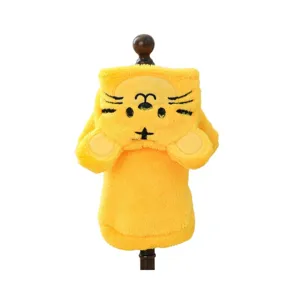 Cute yellow plush pet clothes for small dogs, warm puppy hoodie costume for party wear.
