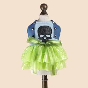 Dog denim tutu dress close up detail showing glitter skull and green mesh layers.