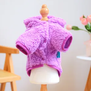 Cute purple plush pet dinosaur hoodie for small dogs, warm winter fleece puppy coat apparel.