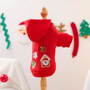 Red Christmas pet hoodie with cute cartoon patches, warm and festive dog apparel for winter.