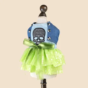 Denim dog dress with skull print and green tutu skirt, punk style pet apparel for party.