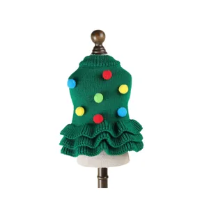 Bel maglione natalizio per animali domestici, vestiti di maglia verde per cuccioli con pon pon.