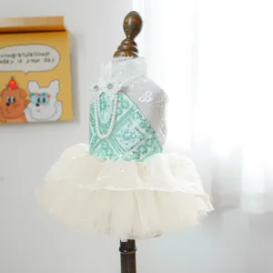 Abito tutu in pizzo per animali con paillettes verde menta, elegante vestito per feste.