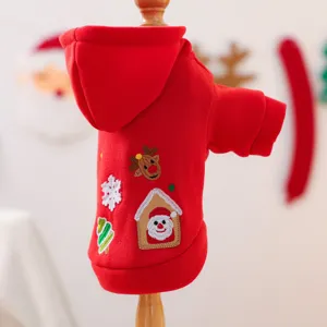 Red pet dog Christmas hoodie apparel with cute embroidery design for small dogs and puppies.