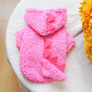 Pink plush pet dinosaur hoodie detail, soft fleece puppy winter warm clothing and cute back spikes.