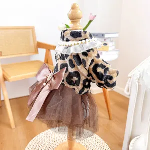Vestito tutu leopardato con fiocco e perle, abiti caldi autunno inverno per cani di piccola taglia.