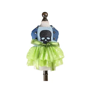 Stylish denim dog dress with cool skull motif and green tulle skirt for small pets wear.