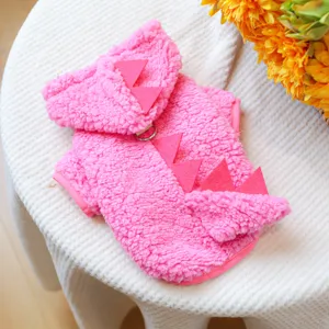 Cute pink fleece dog hoodie with dinosaur spikes, warm winter pet apparel for small puppies.