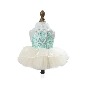 Vestito per cani verde menta con paillettes, gonna in tulle e collana di perle per cuccioli.
