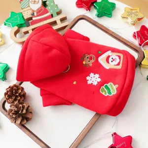 Detailed view of red pet Christmas hoodie with cute reindeer and Santa embroidery for dogs.