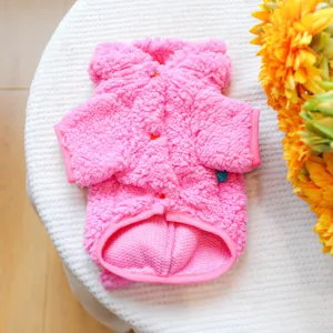 Cute pink fleece pet dog clothes, warm winter dinosaur coat for small puppies and cute pets.