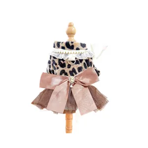 Vestito tutu alla moda con stampa leopardata per cani piccoli con colletto di perle inverno