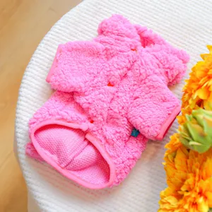 Pink fluffy pet fleece coat for small dogs, cute dinosaur costume for winter warmth and cozy daily wear.