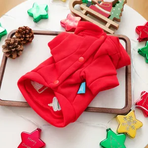 Red pet dog Christmas winter hoodie with cute embroidered details and festive design.