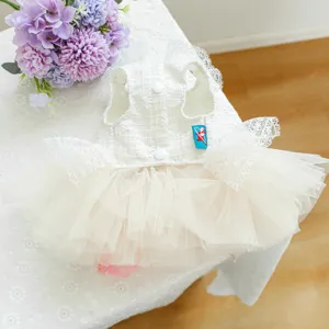 Schönes weißes Spitzen-Hunde-Kleid mit Tüllrock, ideal für kleine Welpen und festliche Anlässe.