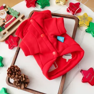 Christmas pet hoodie detail shot, red puppy winter sweater with cute tree embroidery.