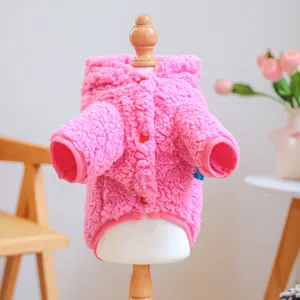 Cute pink fleece pet dog hoodie winter warm dinosaur costume apparel for small puppies.