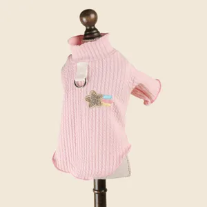 Maglione rosa a coste per cani con collo alto, anello D e stella glitterata piccoli animali.