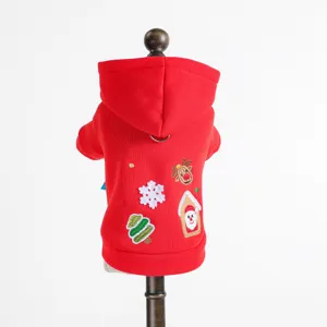 Christmas red pet dog hoodie with cute embroidered patches for small dogs and winter fashion.