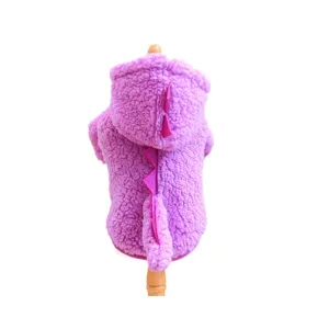 Cute purple plush dinosaur pet hoodie for small dogs, warm winter pet clothes for cute puppies.