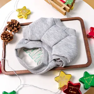 Cozy grey fleece pet sweatshirt for small dogs, cute Christmas holiday crewneck apparel.
