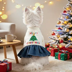 Pet Christmas Dress For Small Dogs Puppies Ribbed Knit Patchwork Denim Skirt Holiday Party Costume Outfit Pet Apparel