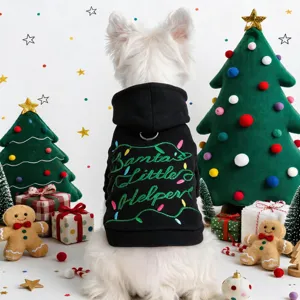 Polyester Christmas Pet Hoodie Santa's Little Helper Embroidered Dog Sweatshirt Warm Festive Puppy Cat Apparel Black