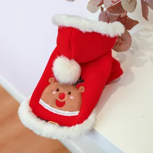 Red pet Christmas hoodie detail, cute embroidered animal face with white plush trim & pom-pom.