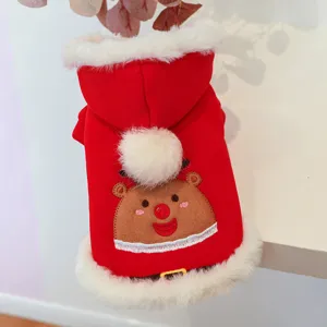 Cute Christmas pet hoodie for small dogs, red winter warm fleece puppy clothes with plush hat.