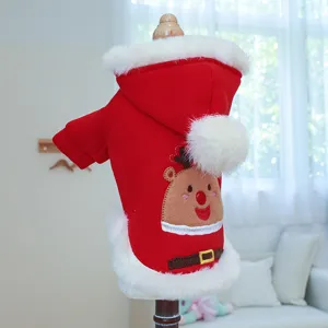 Cute red pet Christmas hoodie with reindeer design and white faux fur trim for small dogs.