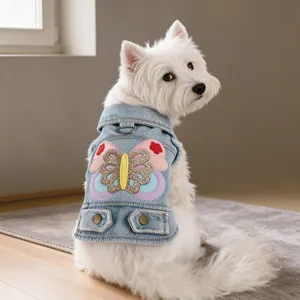 Pet Casual Denim Vest Embroidered Butterfly Lapel Sleeveless Jacket Apparel For Small Medium Dogs Cats Everyday Spring Autumn