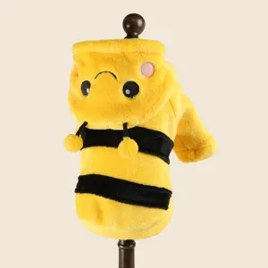 Close-up detail of the adorable yellow and black bee plush pet hoodie, soft fleece fabric.