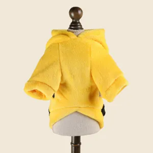 Cute yellow plush pet hoodie for small dogs, warm winter dog clothes with cute design.
