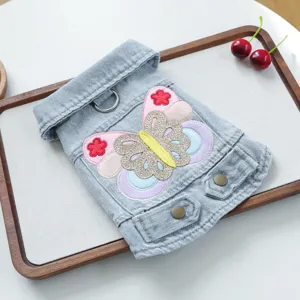 Cute pet denim jacket for small dogs and cats, featuring lovely butterfly embroidery and D-ring.
