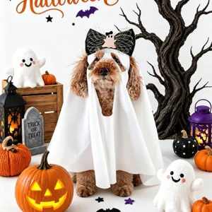 Halloween Pet Ghost Costume White Cloak Face Shield With Black Bowknot For Small Dogs Cats Puppy Festive Party Decoration Cosplay Apparel