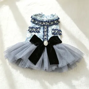 Elegante Prinses Huisdierenkleed Luxe Tweed Mesh Tutu Hond Rok Met Grote Fluwelen Strik Parel Strass Decoratie Voor Puppy Katten Feest