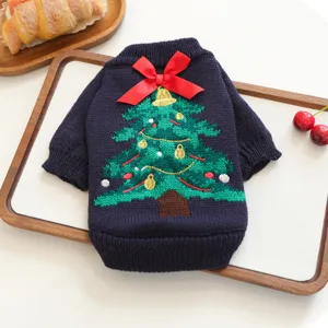 Cute knit pet Christmas sweater with tree embroidery and red bow for dogs and cats detail